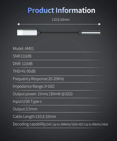 KZ AM01 Type-C to 3.5mm Audio Adapter 32bit/384kHz Hi-Fi DAC + IC Amplifier Dual Chip Earphone Audio Cable