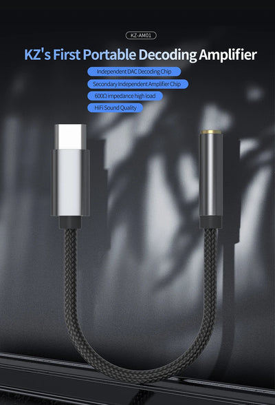 KZ AM01 Type-C to 3.5mm Audio Adapter 32bit/384kHz Hi-Fi DAC + IC Amplifier Dual Chip Earphone Audio Cable